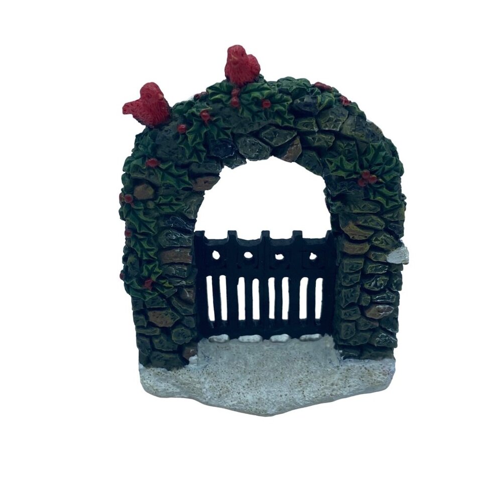 Fairy Garden Arbor Gate Holly & Red Birds Figurine Hand-Painted Resin 3" Holiday